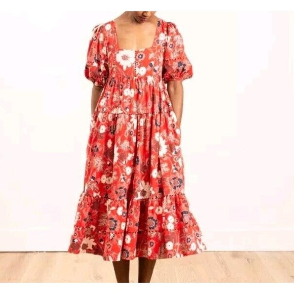 Ulla Johnson Nora Dress Size 4 Ruffle Scarlet  Puff Sleeve Red Floral